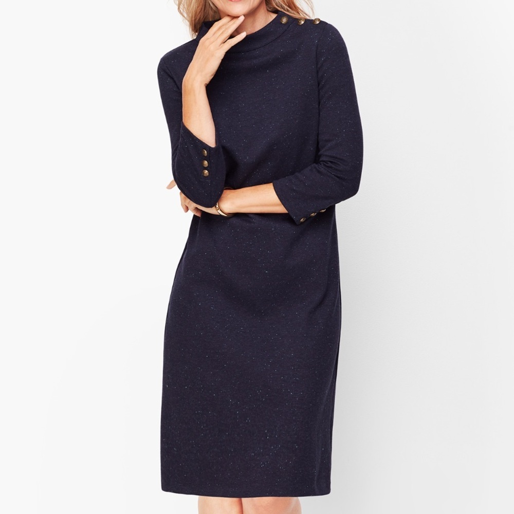 Talbots SP Navy Blue Button Shoulder 3/4 Sleeves Mock Neck Heathered Shift Dress